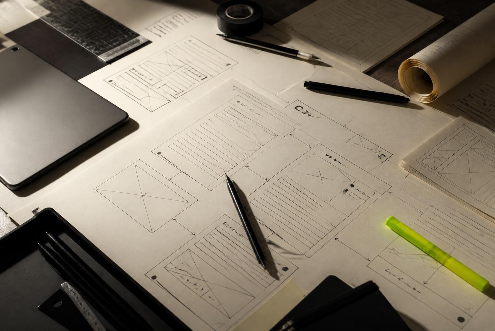 Product design workspace with interface sketches and precision tools