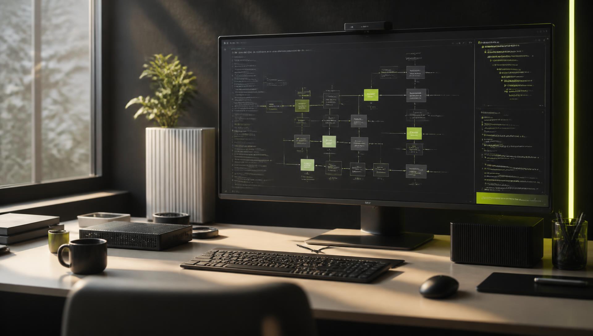 Technology workspace with software architecture displayed on a wide monitor