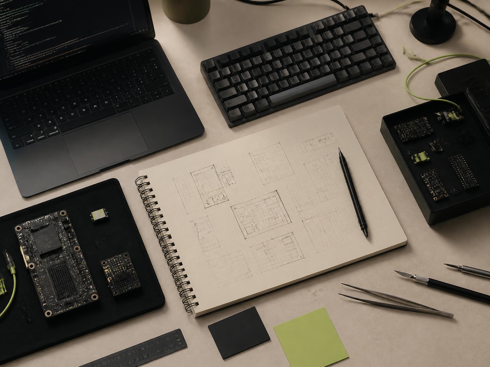 Overhead software engineering workspace with interface plans and computing hardware